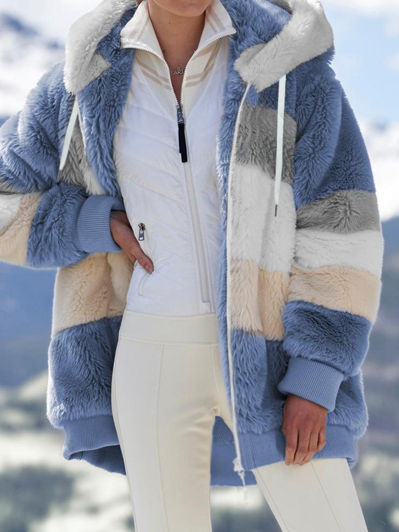 Women's Colorblock Drop Shoulder Hooded Polar Fleece Coat, Fashion Casual Long Sleeve Zip Up Warm Trendy Outerwear For Daily Outdoor Wear, Women's Clothing, Jackets
