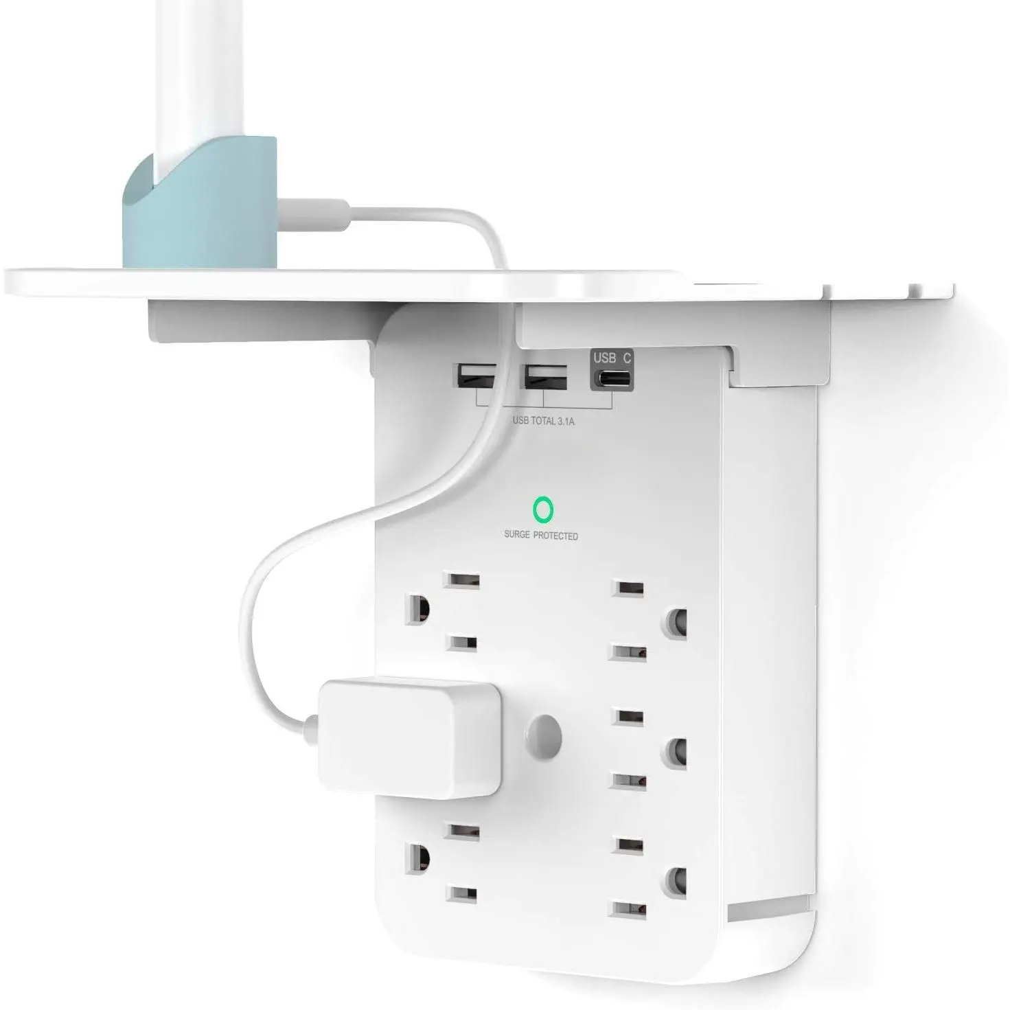 Wall Outlet Extender with Surge Protector, 6 AC Outlets, with Shelf |   2 USB A & USB C Charging Ports, Home & Dorm Plug Expander