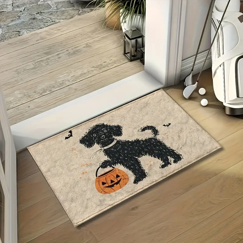 Vintage Black Teddy Dog Pumpkin Bucket Anti Slip Halloween Entry Doormat