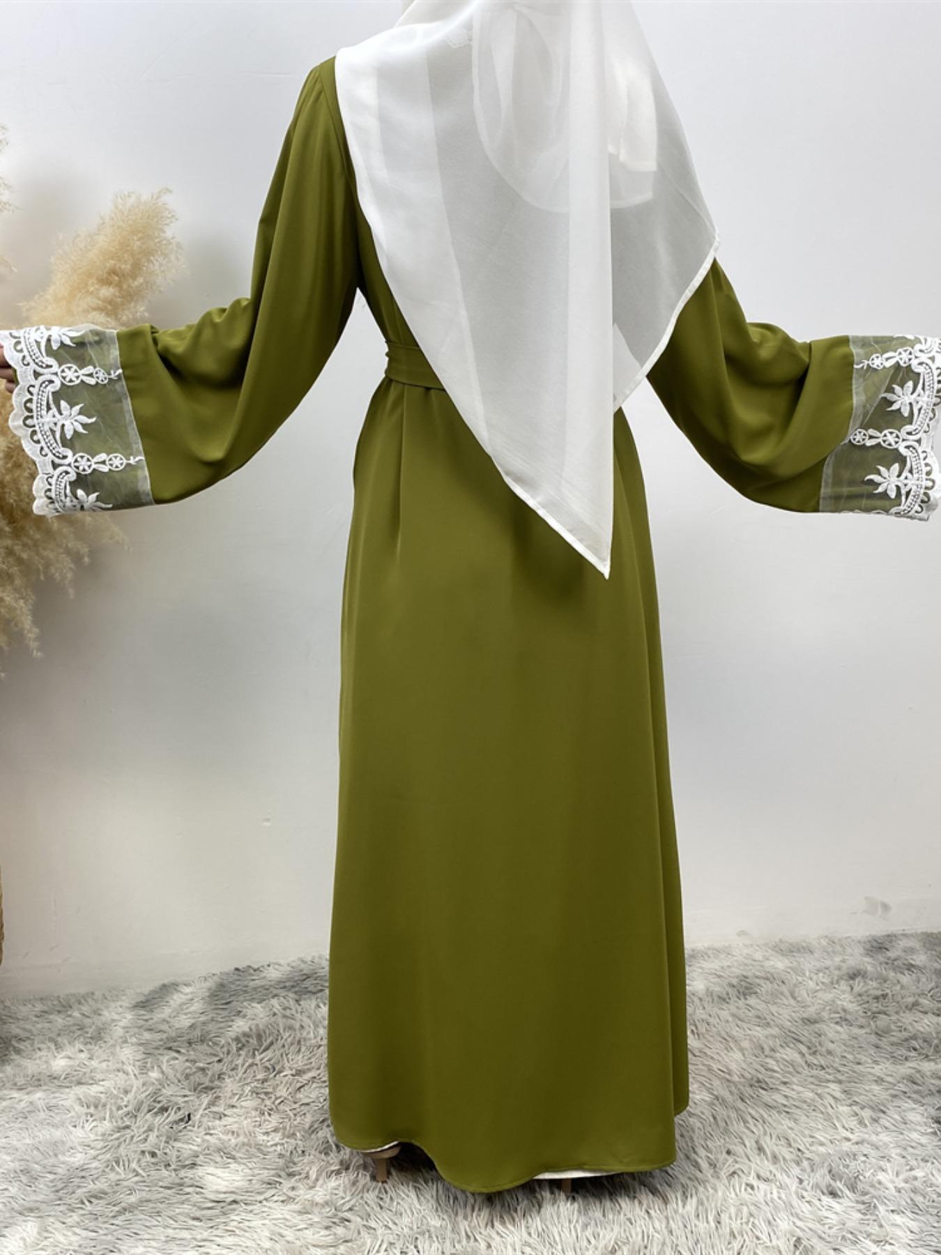 Women's Contrast Lace Belted, Elegant Long Sleeve Open Front Abaya Modesty Abaya for Party Holiday Vacation, Ladies Islamic Clothing for All Seasons