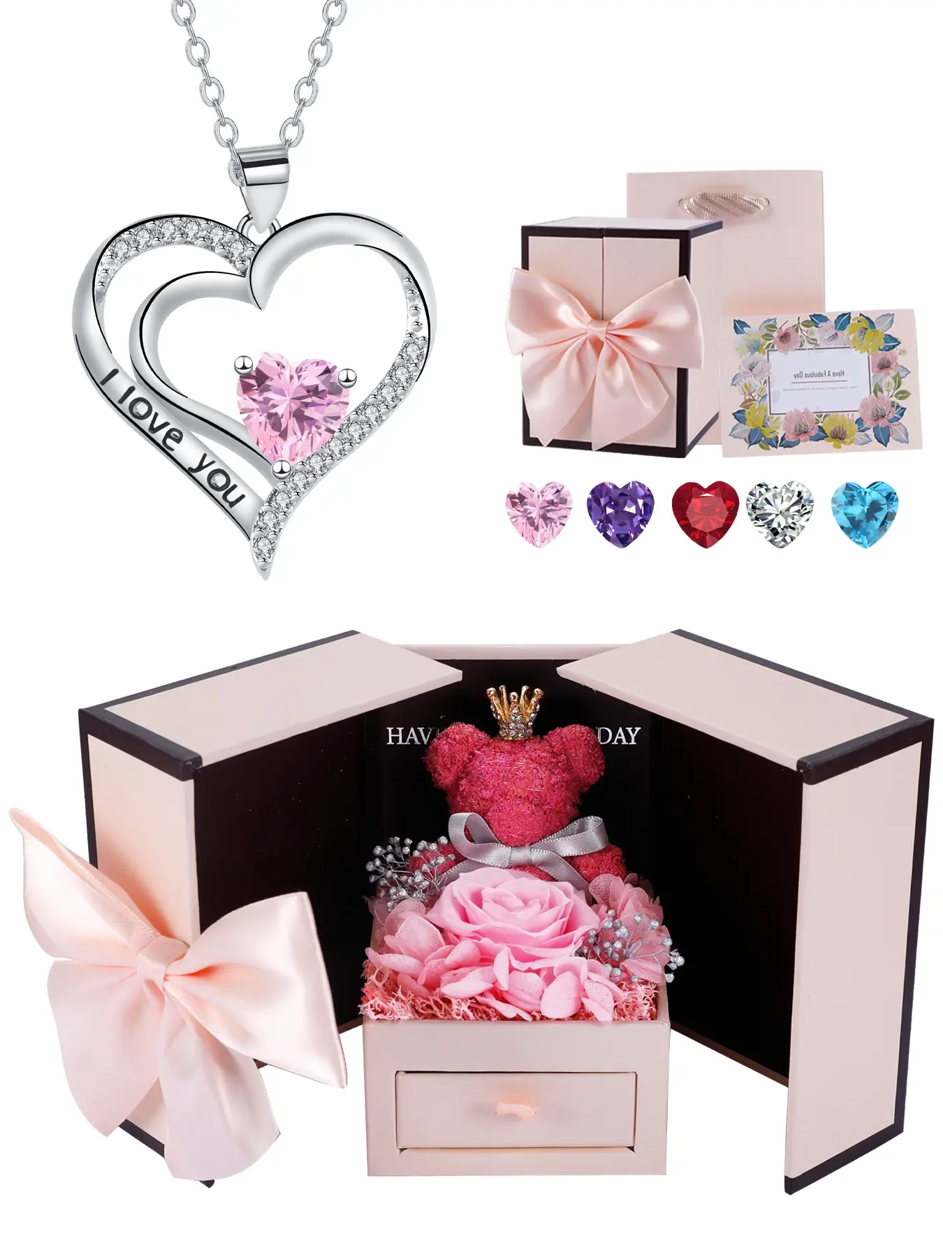 Heart Shaped Cz Birthstone Elegant Necklace, Copper Chain Jewelry, I Love You Pendant, Mos Bear Rose Jewelry Gift Box, Girlfriend Birthday Anniversary Present, Exquisite Jewelry Gift