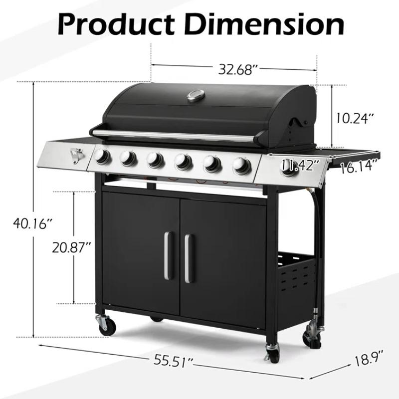 6-Burner Outdoor Propane Gas Grill - Side Burner + Easy-to-Control Knobs + Efficient Heating, Perfect for Backyard Barbeques & Camping Trips