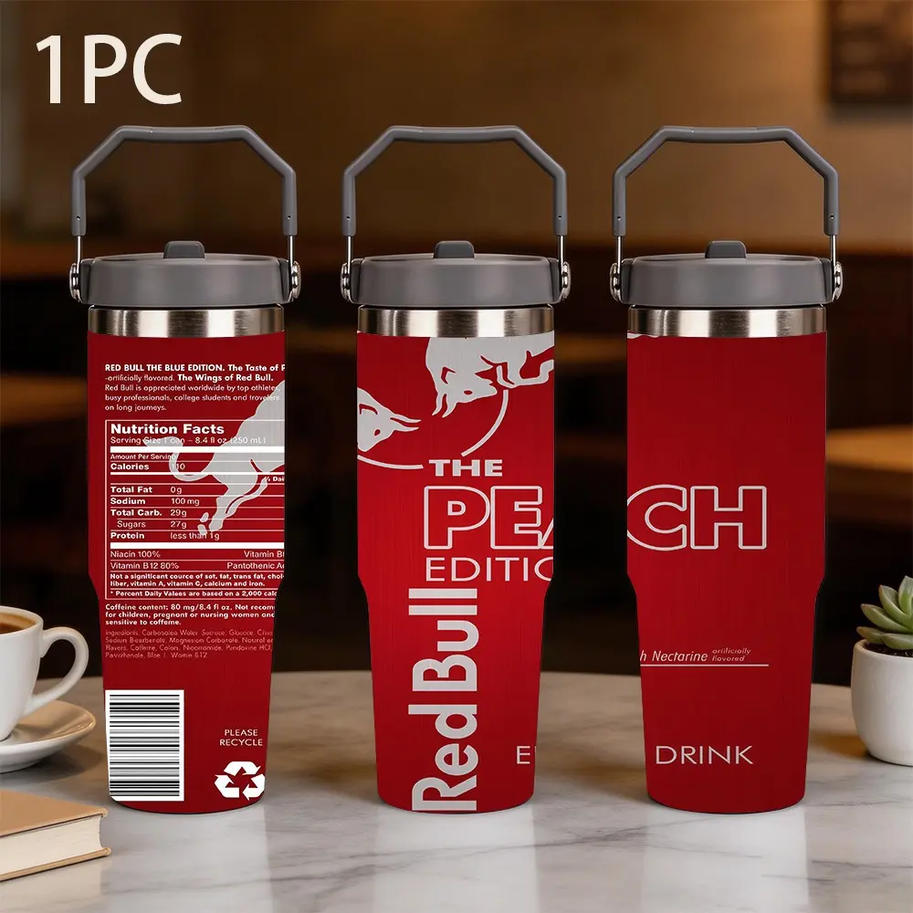 1pc 30oz large capacity portable thermos cup printed with Red Bull energy drink peach version pattern, red vertical texture background color with silver Red Bull Double Ox, nutrition bar code to restore the packaging design, sports drink trend style