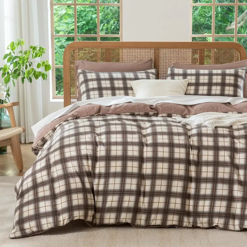 Queen Size Brown Plaid 3-Piece Bedding Set - Breathable Flat Weave Soft Microfiber Duvet Cover with Pillowcases, Vintage Farmhouse Bedroom Decor, Farmhouse Decor