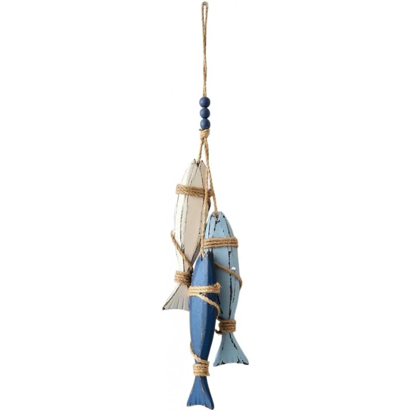 Mediterranean Nautical Wall Hanging Decor, Wooden Starfish and Fish Hanging Ornament, Coastal Beach Style Rope Decor for Home, Cafe, Restaurant, Bathroom, Ocean Theme Wall Art (Fish)