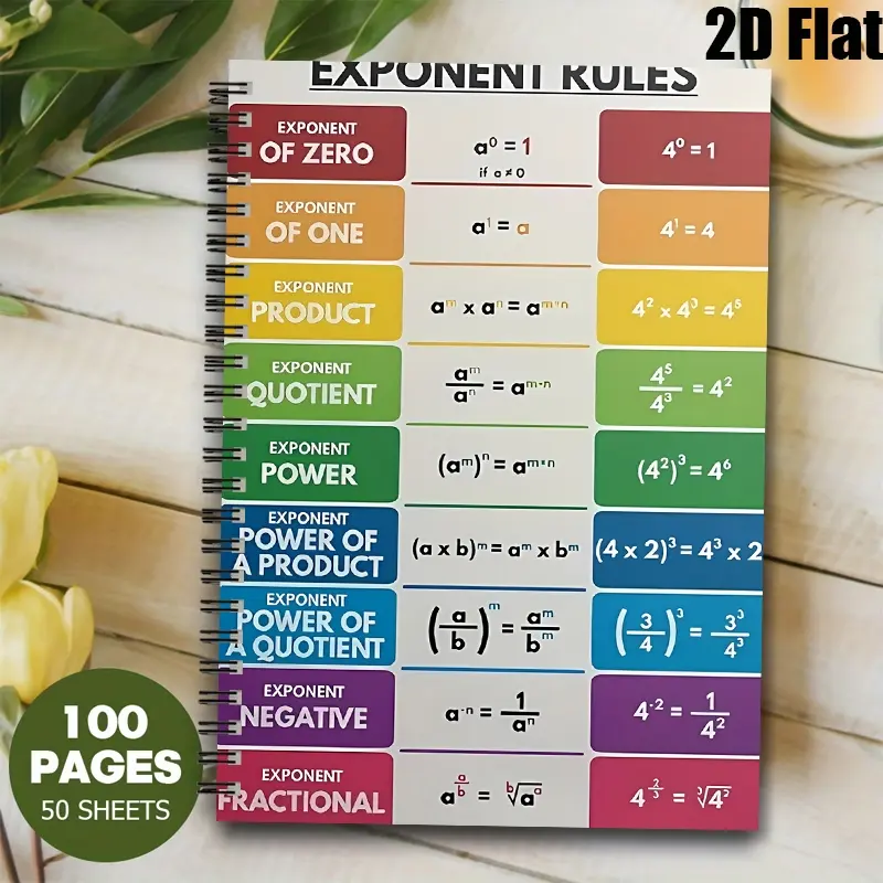 1pc Spiral Bound [2D]Flat Exponent Rules Notebook with Clear Formula Guides, Lined 100 Pages for Math Students, Algebra Study Journal, Ideal for School, Homework, Exam Prep, Back to School Supplies, Teacher Gifts, 5.7X8.26inch