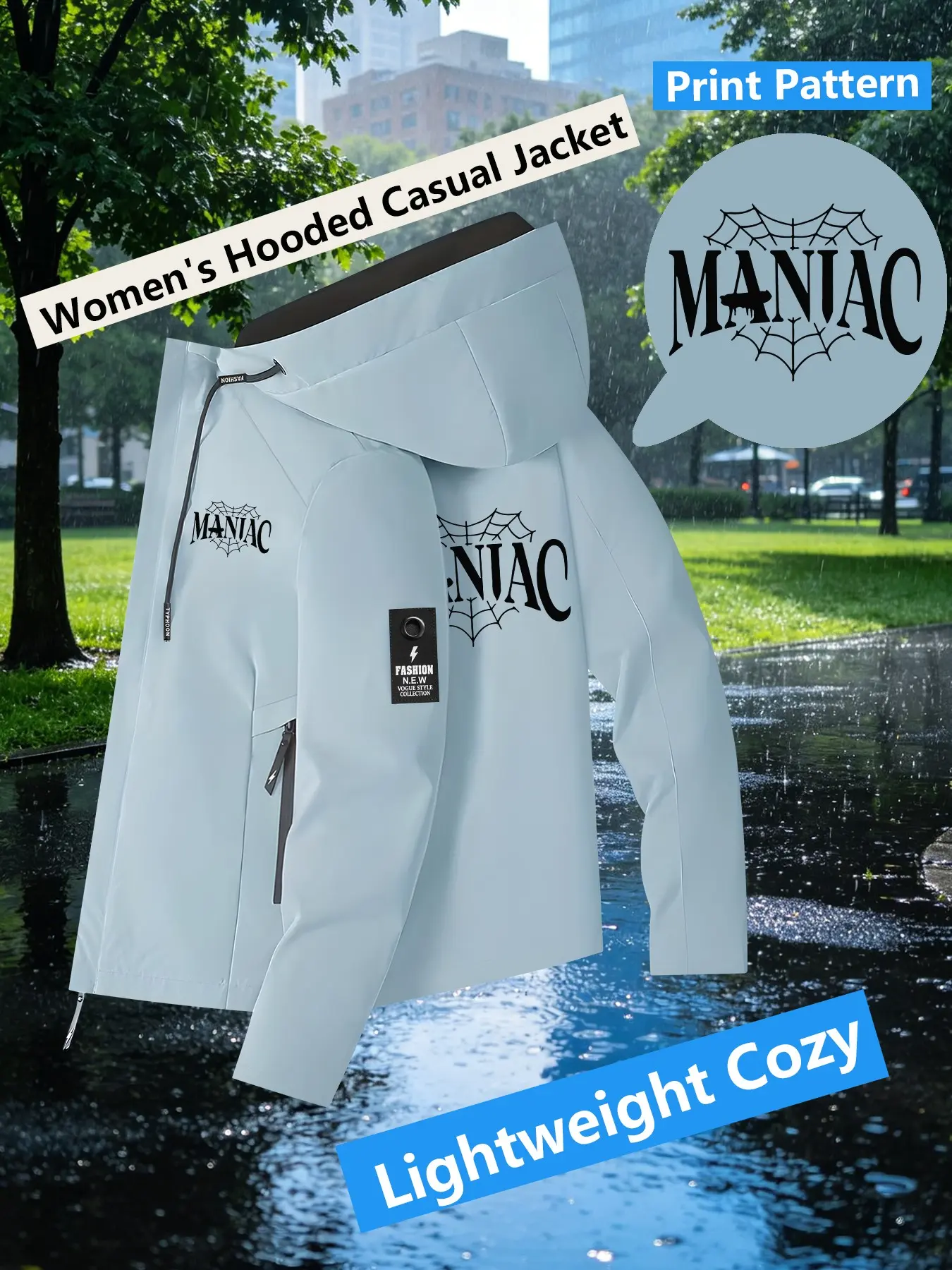 Women's Hooded Windbreaker Jacket Double sided Spider Web Maniac Letter Print Jacket Two Color Options Hooded Loose All Season Warm Jacket Ideal for Daily Commute Hiking Climbing Wear Skin Friendly Breathable Machine Washable Plussize