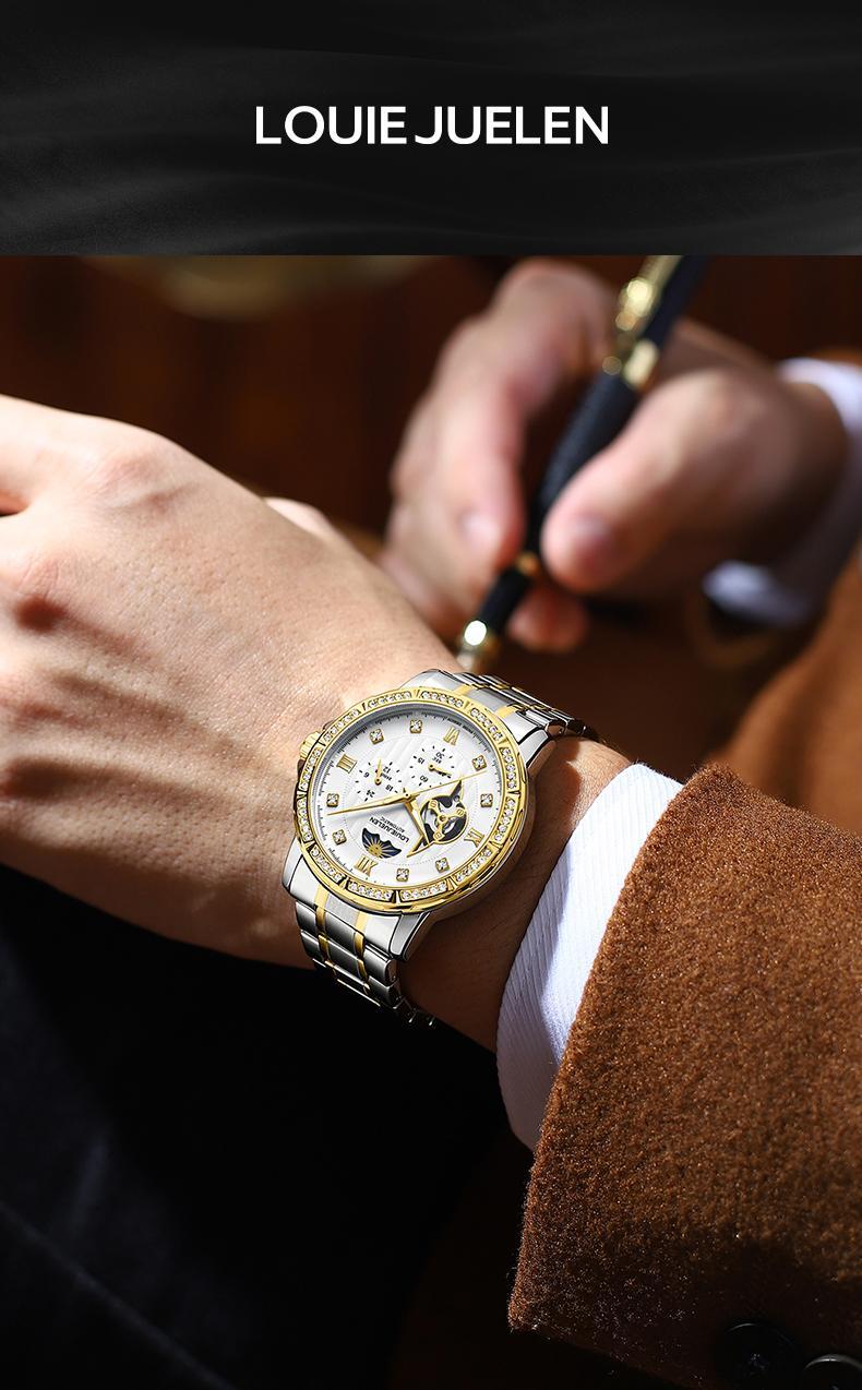 Elite Men's Swiss Automatic Chronograph: 44mm Diamond-Accented Bezel | Exuding Refined Opulence | Triple-Fortified Durability (30M Water/Shock/Scratch Resistant) | Engineered for Boardroom Authority, Wilderness Expeditions & Black-Tie Affairs