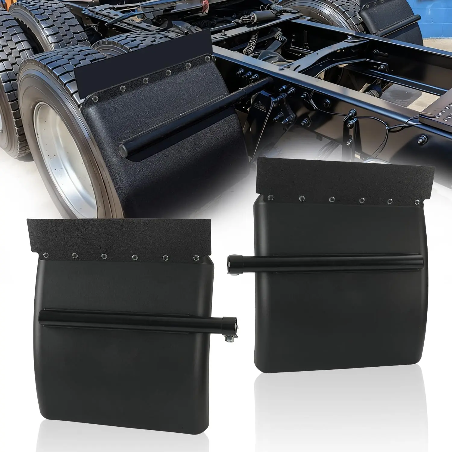 Semi Truck Quarter Fenders - 24"x24" Black Poly Mud Guards with Protection & Debris Shield, Includes Brackets, Mounting Hardware Kit, Left & Right Set for Kenworth, Freightliner, Peterbilt, Trailer Trucks