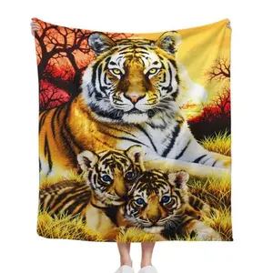 Savanna Sunset Wild Tiger Mother And Two Cubs Realistic Wildlife Art Flannel Throw Blanket African Jungle Nature Animal Family Comfort Blanket Wildlife Lover Home Decor Gift 30*40in 40*50in 50*60in 60*80in US Local Shipping cooling blankets
