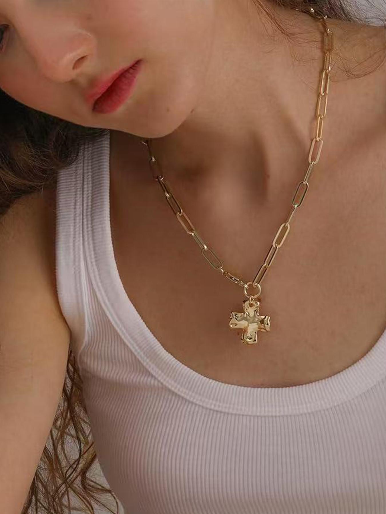 Chunky Cross Necklace for Women Trendy Gold Silver Layered Statement Cross Chain Design Pendant Charm Necklace Vintage Paperclip Herringbone Snake Choker Chain Costume Jewelry Set Gift Non Tarnish