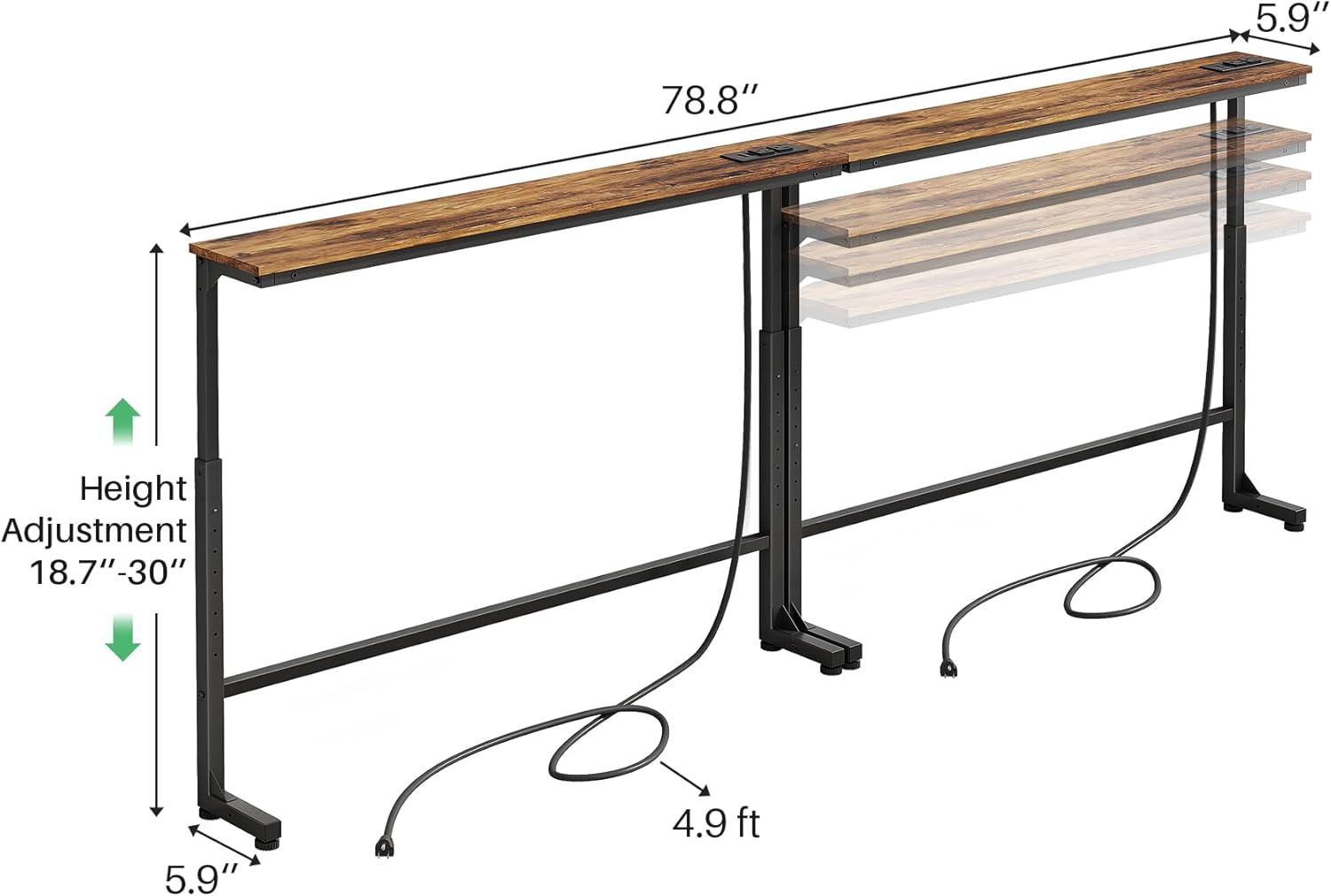 2-Pack Narrow Console Table with Adjustable Height (25"-33") & 2 Power Outlets, Skinny Behind Couch Table, 79" Long x 5.9" Wide Sofa Side Table for Living Room, Rustic Brown