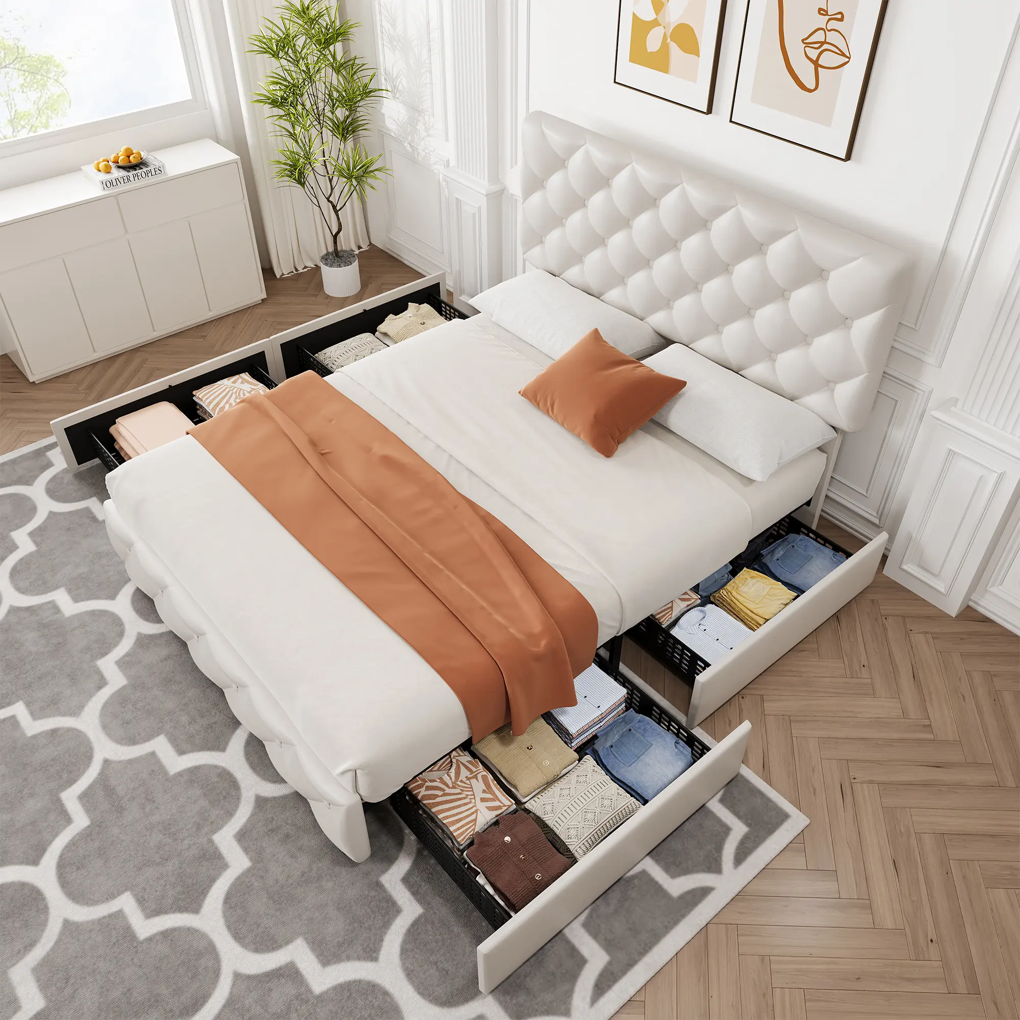 Upholstered Queen Platform Bed Frame with 4 Storage Drawers Adjustable Headboard, PU Leather Platform Storage Bedframe with Button Tufted, Wooden Slats Support, No Box Spring Needed, Noise-Free