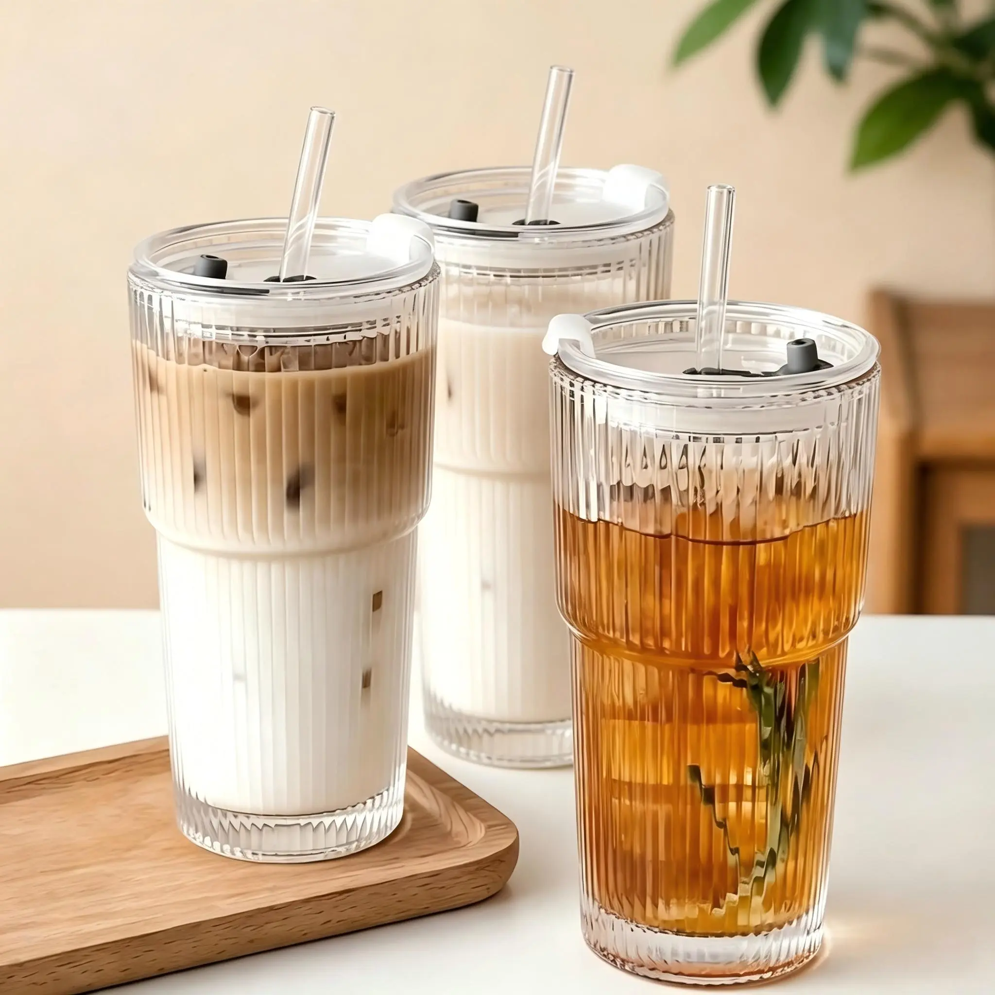 2pcs Ribbed Transparent Glass Bathroom Tumblers Set with Silicone Lid & Straw, Large Capacity Reusable Coffee Beverage Tumbler, Hand Wash Only, Multi-Purpose for Cold Drinks - Ideal for Office