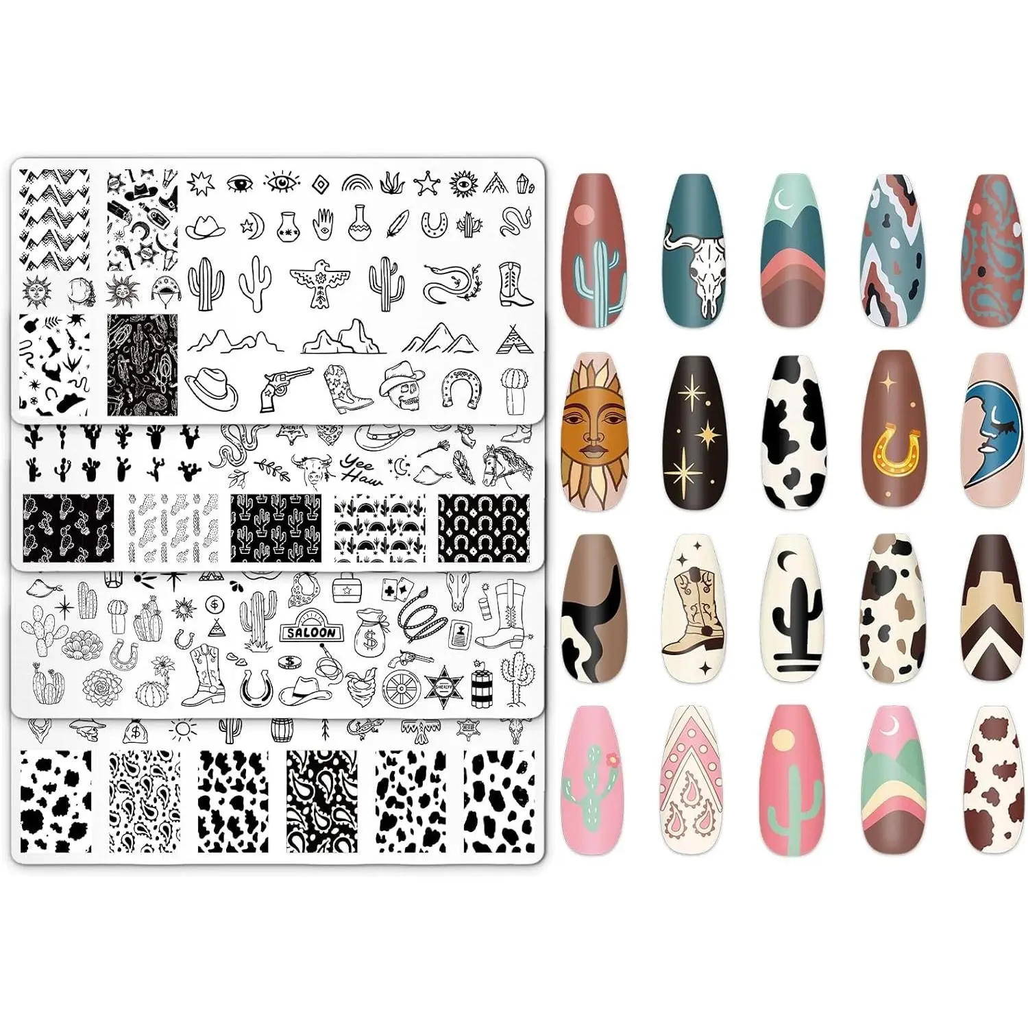 4Pcs Western Nail Plates Stamping Set Cowboy Cowgirl Stamp Templates Nail Art Plates for DIY Print Manicure Salon Design