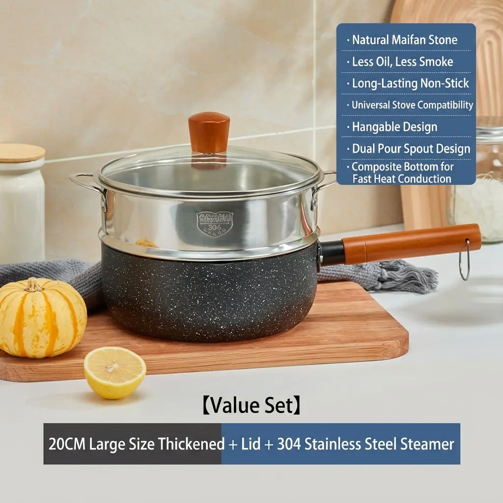 Japanese Non-Stick Maifan Stone Yukihira Sauce Pan, Hammered Anti Overflow Milk Pan with Glass Lid & Steamer Insert, Multipurpose Cooking Pot for Boiling Frying Simmering, Nonstick Durable Cooking, Compatible with All Stovetops