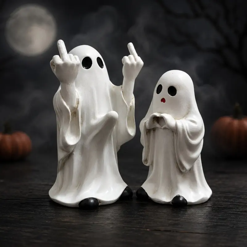 Viral Funny Contrast Ghost Figurines 2 Pack Resin Halloween Decor Rude Middle Finger Ghost and Lovely Heart Hand Ghost Tabletop Ornaments