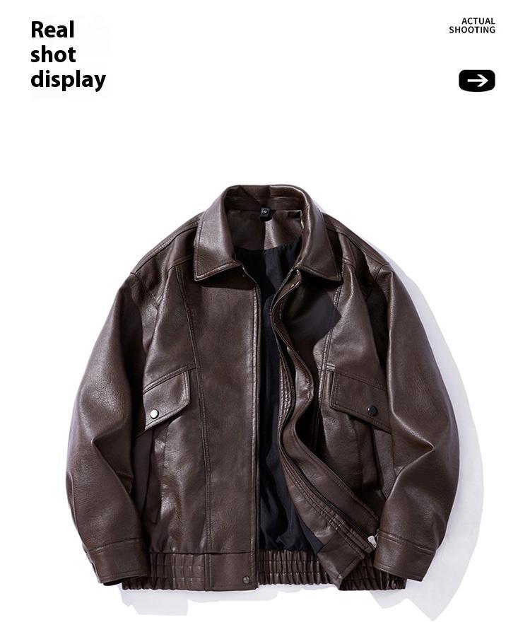 BIGWIG men's autumn and winter casual faux leather bomber jacket, fashionable modern motorcycle flight jacket, casual loose soft motorcycle jacket, lapel button zipper long sleeve with pocket jacket, PU leather