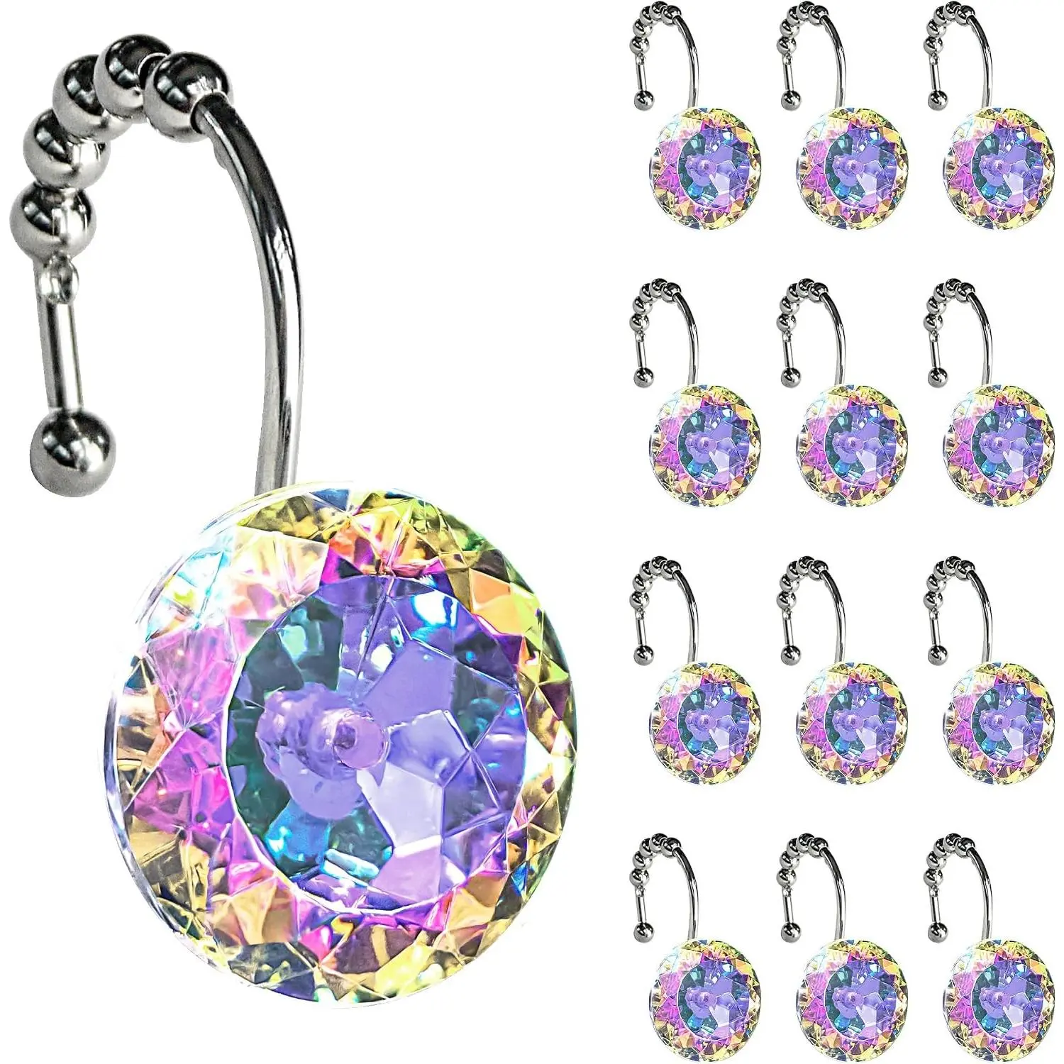 12-Pack Round Shape Metal Hooks, Luxury Design Rainbow Gem Crystal Bling Shower Curtain Rings with Glide Balls, Rust-Proof Rhinestone Hooks for Girls
