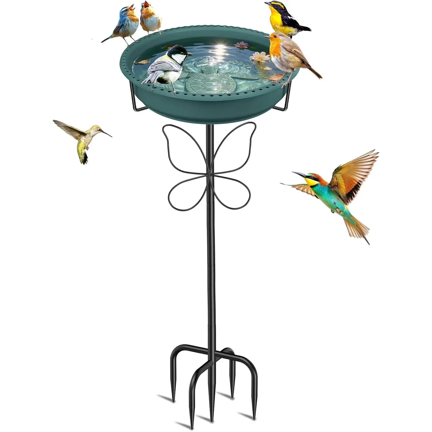 Freestanding Birdbath & Birdfeeder with Removable Bowl for Outside Garden Patio Yard Lawn Decor, 5-Pronged Base, Easy to Clean (Green)