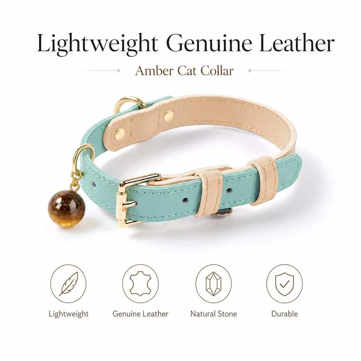 Elegant Mint Leather Cat Collar with Natural Smoky Quartz Pendant, Lightweight and Adjustable Collars, Suitable for Kittens and Adult Cats