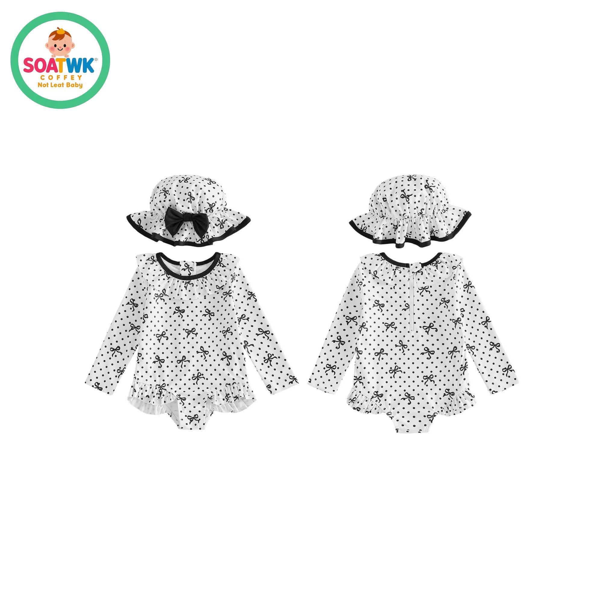 Toddler Girls Swimsuit, Bow Dots Print Long Sleeve Bikini with Hat Swimwear for Summer Bathing