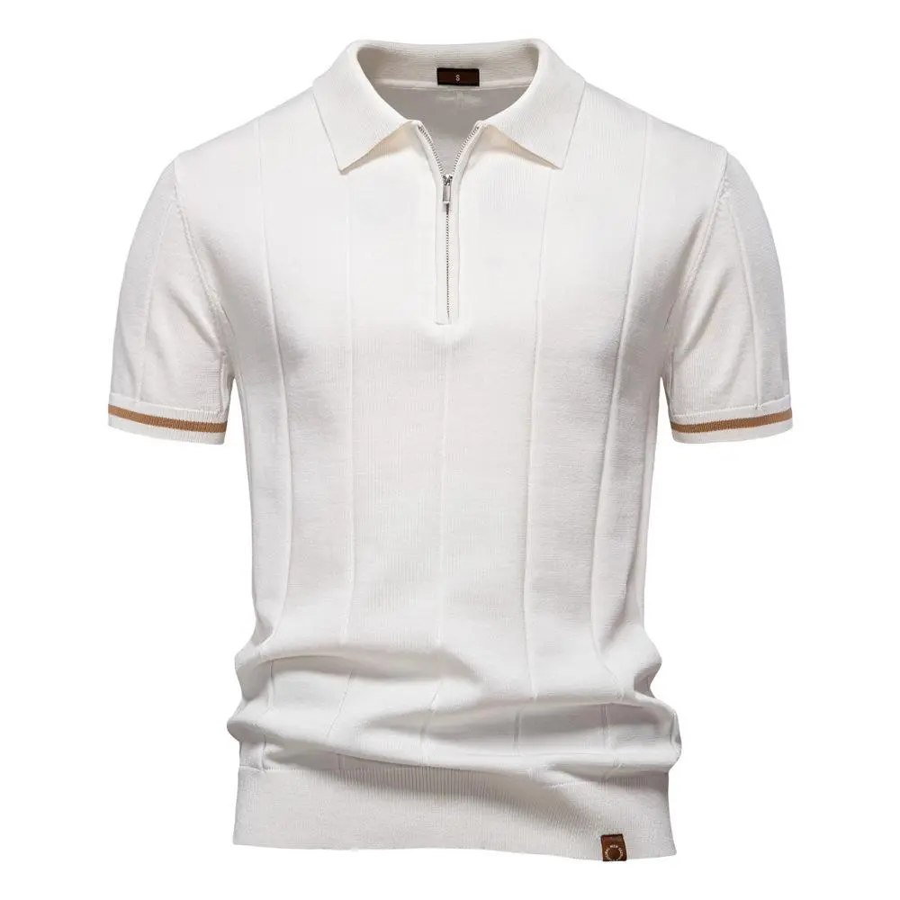 Men's Slim-Fit Rib-Knit Polo Shirt, Solid Short Sleeve Pullover Top with Zipper for Casual Office & Golf Wear, Menswear, Shortsleeve, Solid Colors, Zip Neck, Plain, Hand Wash, Business, Athletic Basic, Fabric Elasticity