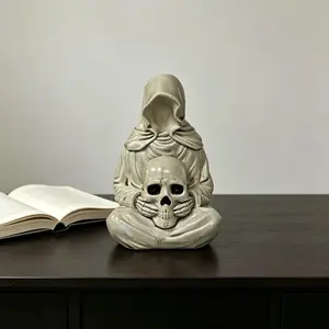 Lotus Meditation Death God Skull Sculpture, High-Quality Solid Resin, Vintage Matte Finish, Dark Bathroom Decor, Trendy Display Piece