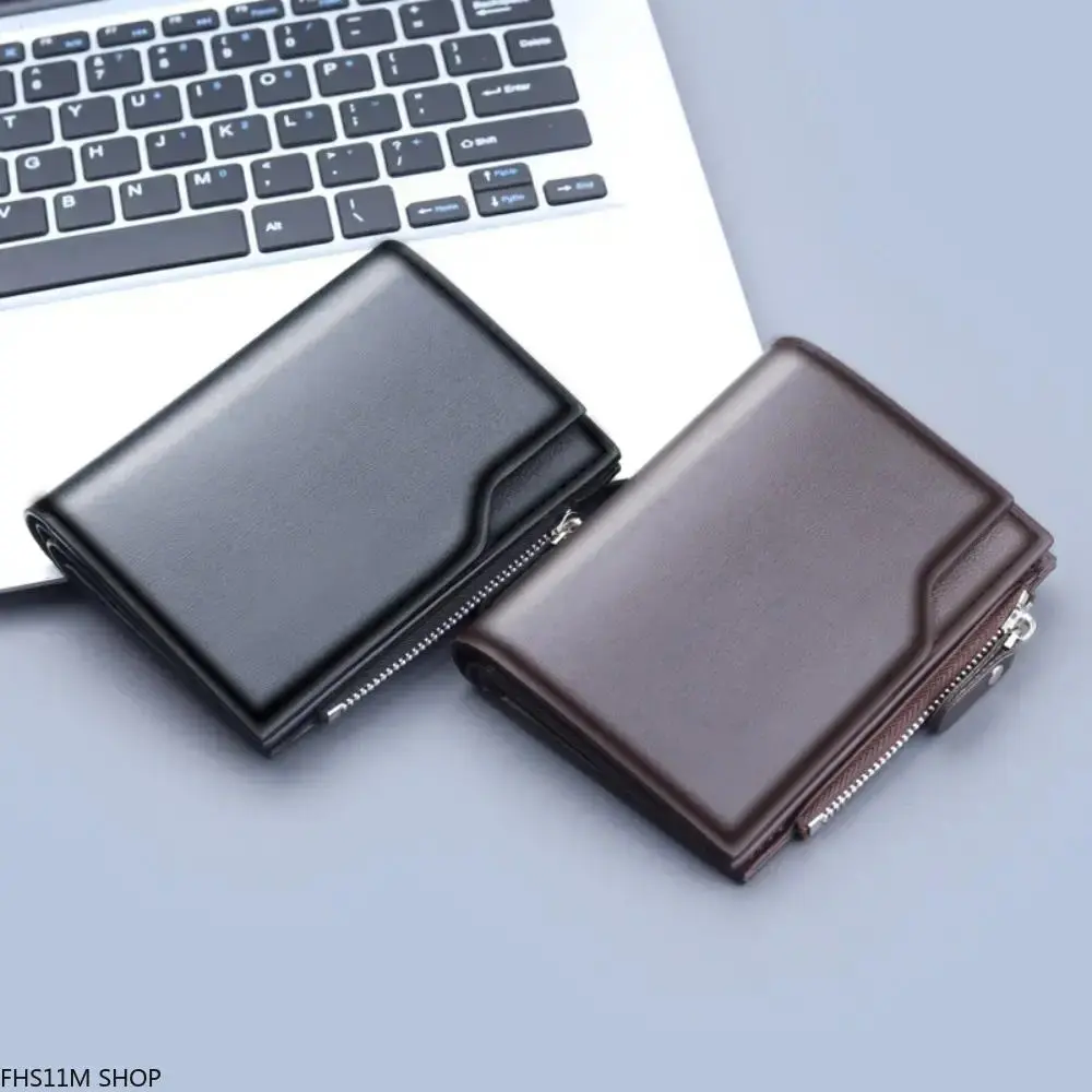 Men's Retro Trifold Wallet in Genuine Cowhide Leather, Slim Business Wallet with Large Capacity, 13 Card Slots & Zipper Coin Pocket, Buckle Zip, Business Use, Retro Biz., Large Cap.