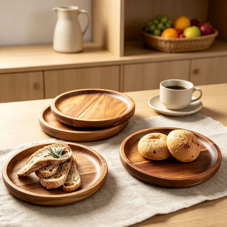 1/4pc Round Wooden Fruit Tray, Solid Wood Dessert Tray, Multifunctional Snack Plate, Washable Food Tray, Tableware, Used for Coffee, Tea, Cake, Cheese, Bread, Home and Kitchen Decorative Trays