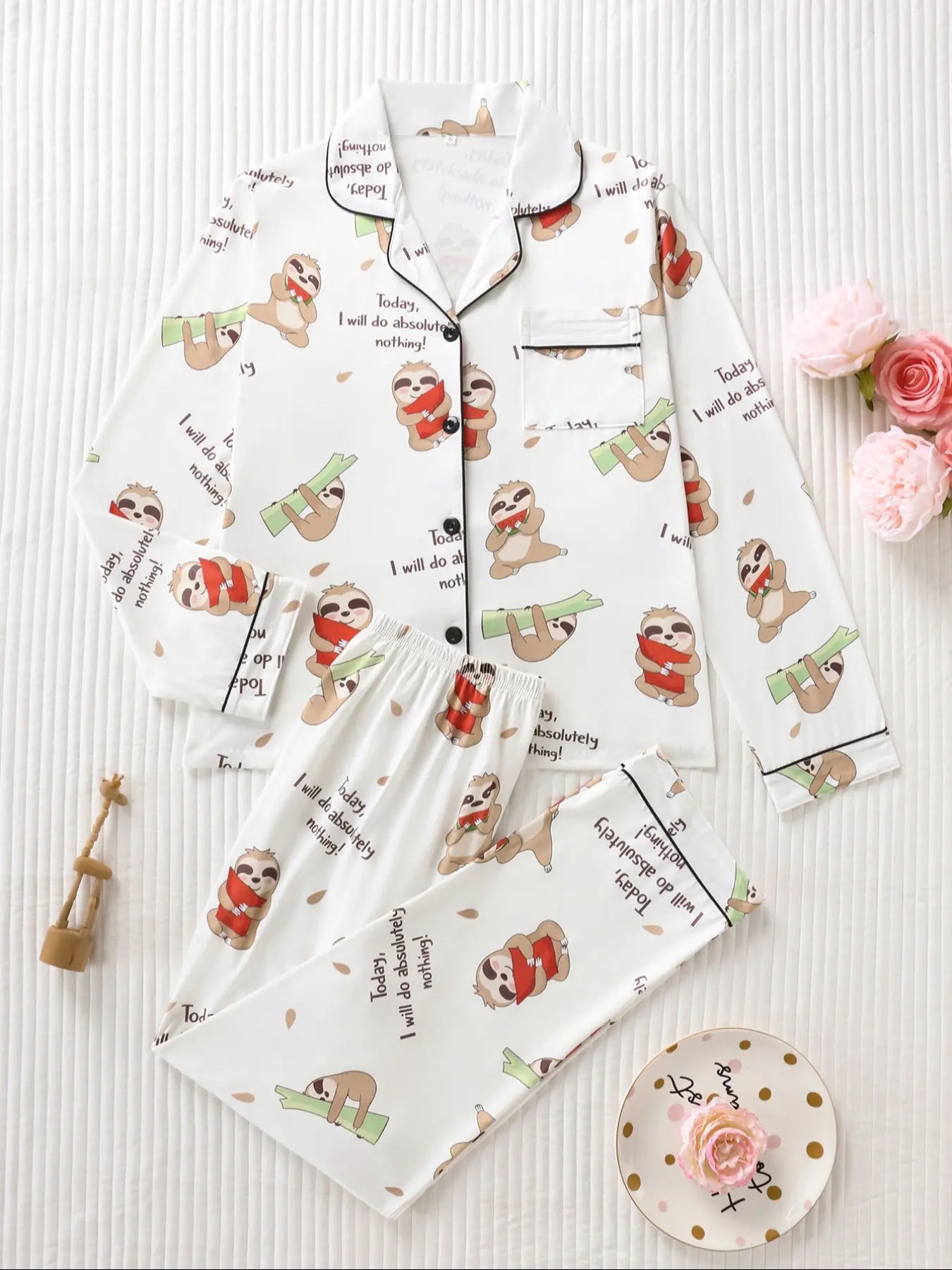 Women's Cartoon Sloth Print Sleepwear Set, Pajama Set, Pants PJ Set, Loungewear Pjs Set, Loungewear Pajamas, Soft Smooth Fabric, Comfortable Loose Fit, Casual Long Sleeve Top and Pants, All Seasons, Loungewear