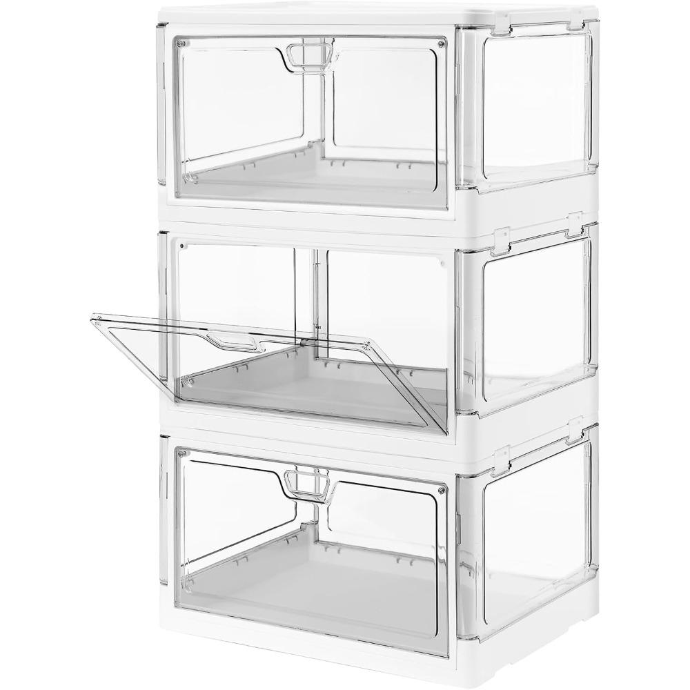 3 Pack Clear Stackable Storage Boxes with Lids Magnetic Doors Front Opening Foldable Plastic Craft Containers Large Wardrobe Organizer for Bedroom Living Room Study Toys 24 Quart