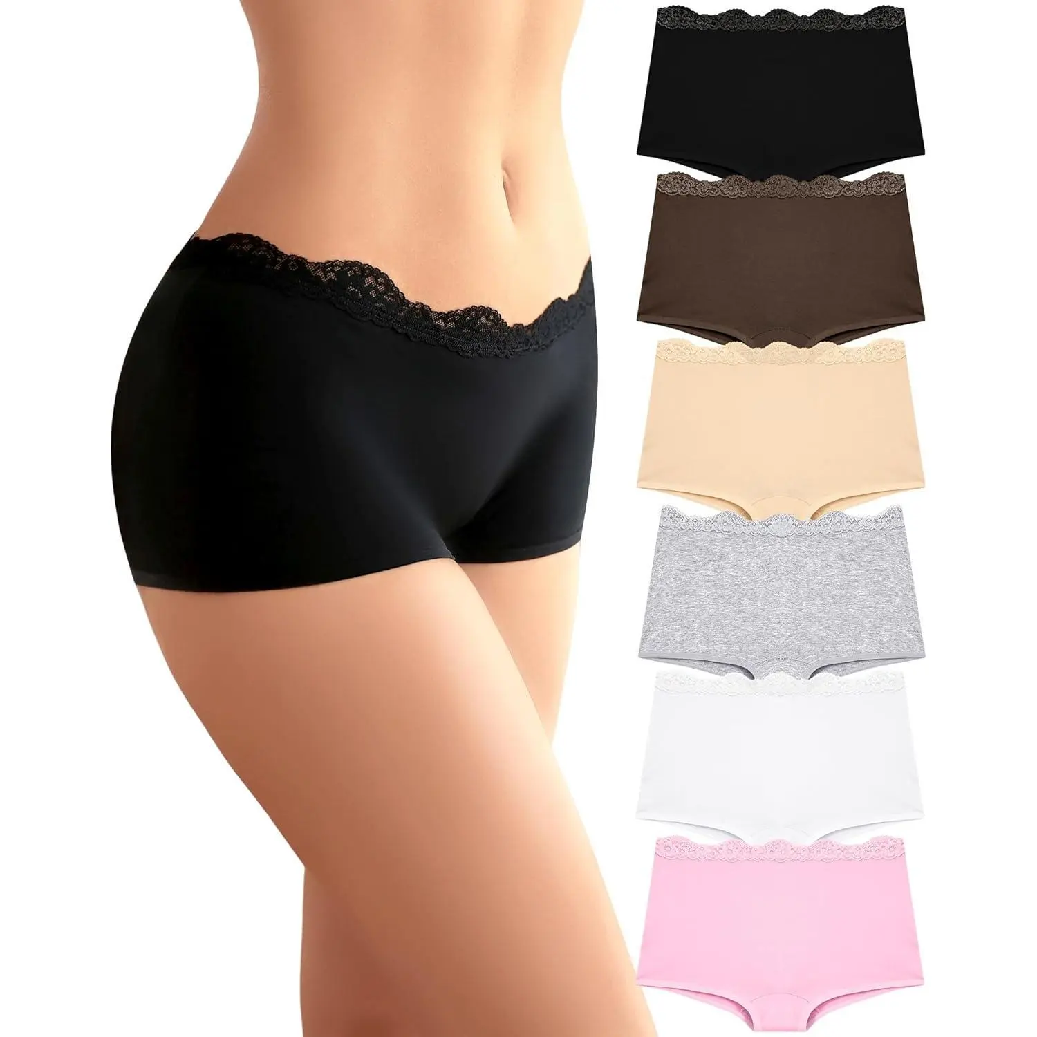Women's 6-Pack Cotton Boy Shorts Underwear - Full Coverage Lace Boxer Briefs Panty with Elastane, Basic Affordable Fashion Fantasy Underwear for Ladies, Plain, Cotton Underwear