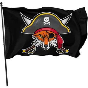 Pirate Fox Flag - Black Banner with Cartoon Fox in Pirate Hat, Eyepatch & Crossed Swords, 2*3ft & 3*5ft, for Halloween, Parties & Outdoor Decor