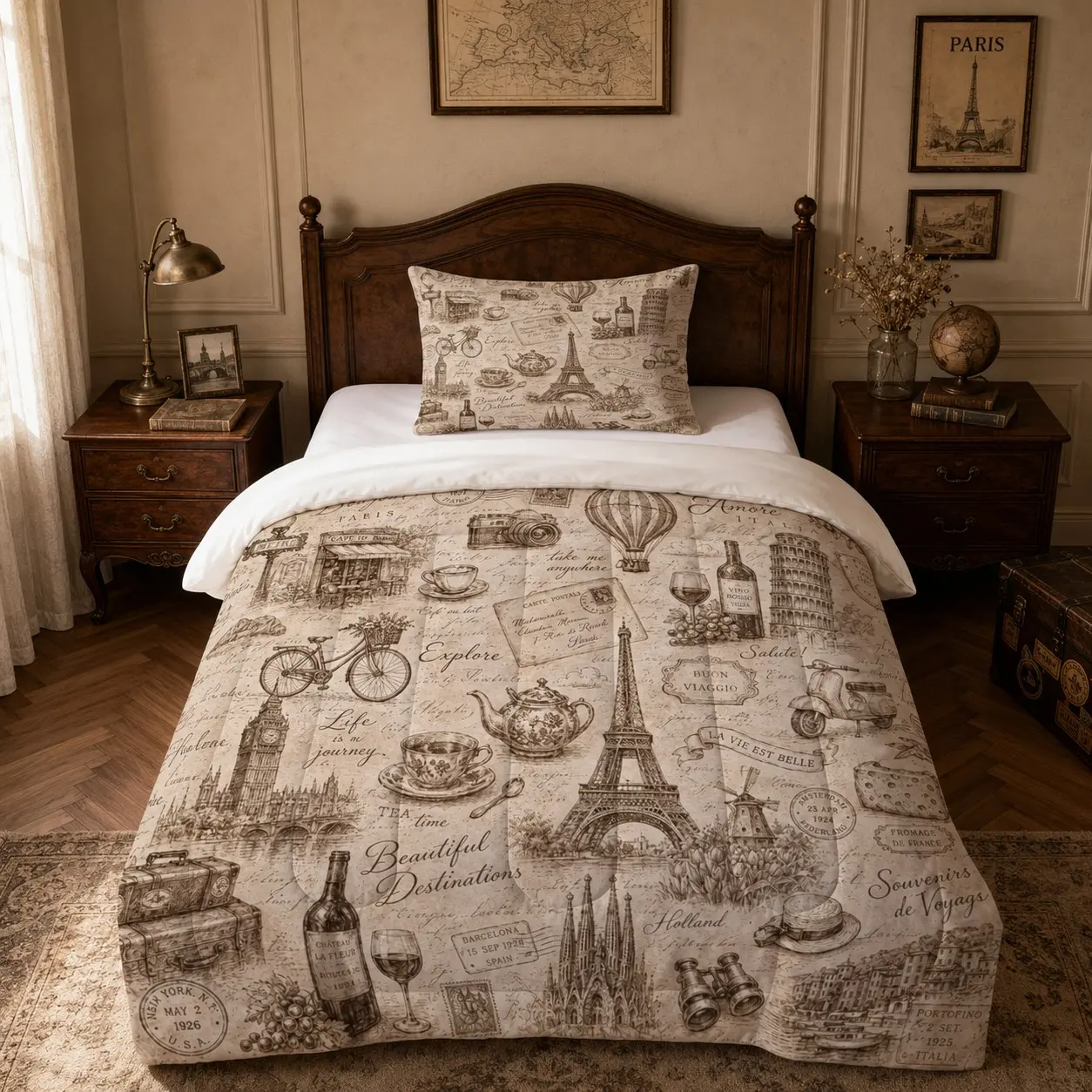 Vintage European Travel Sketch Bedding Set, 2/3 Pcs (1 Quilt + 1/2 Pillowcases, No Inserts). Retro Prints of Paris, Rome and London Landmarks, Soft, Skin-Friendly and Warm. Ideal for Housewarming, Birthday and Holiday Gifts