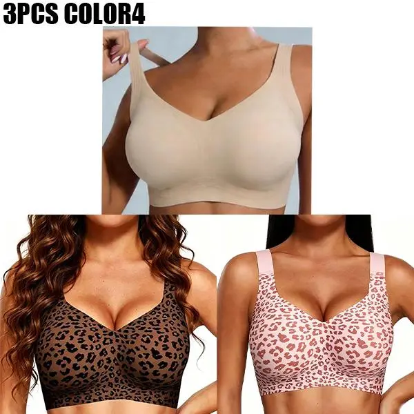 EssElegance Women's Seamless Wireless Bras, 3pcs Nylon Blend Deep V Neck Bralettes with Prints & Solids, Everyday Comfort Support, 3Pcs Set