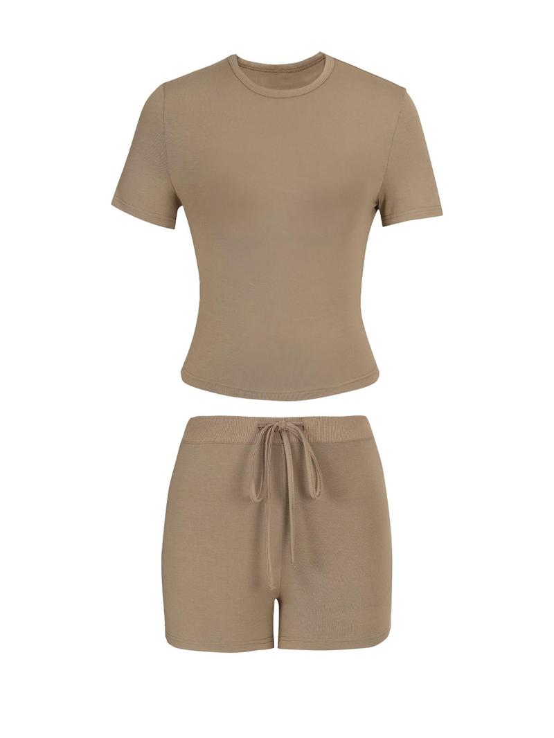 Women's Solid Color Modal Loungewear Two-piece Matching Set, Casual Comfy Minimalist Short Sleeve Round Neck Tee & Drawstring Waist Shorts Pj Set, Ladies Sleepwear for All Seasons, Shortsleeve Womenswear, Basic Pajama Set, Loungewear Pjs