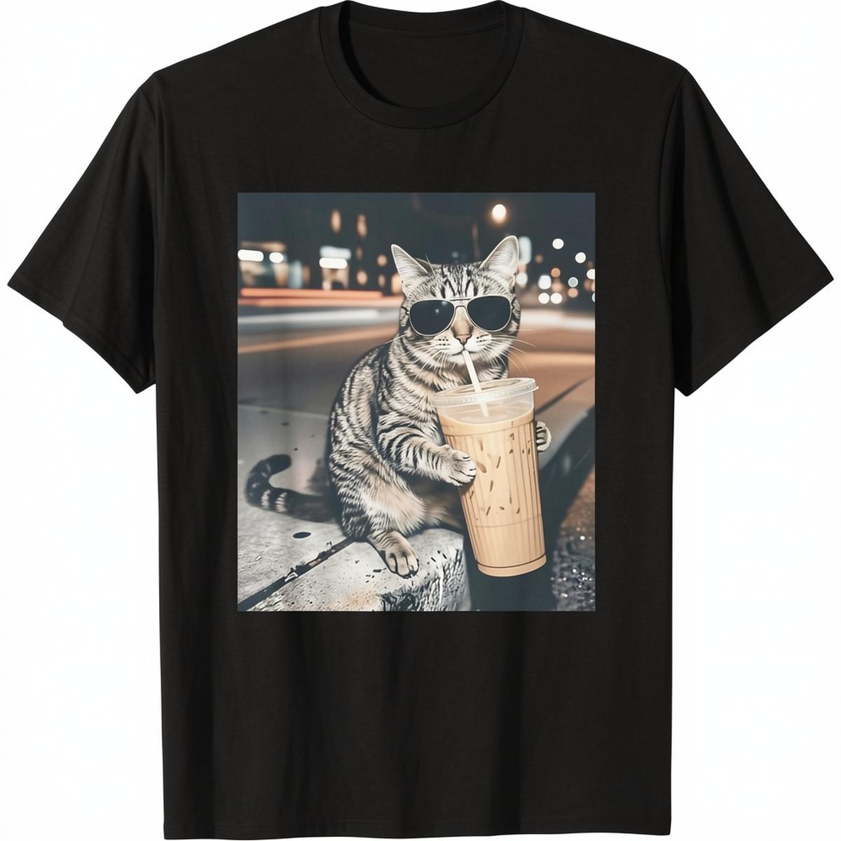 Men's cat drinking iced coffee Graphic T-Shirt - Short Sleeve Crew Neck Regular Fit Casual Wear |   Soft & Breathable Fabric, Durable Print, Everyday Comfort, Machine Washable