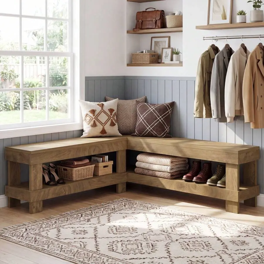L-Shaped Bench With Storage, 61" Corner Breakfast Nook Bench With 2-Tier Open Storage, Backless, Farmhouse Wooden Entry Bench For Dining Room, Entryway, Kitchen, Living Room, Brown,decor,,,,style,,labor,day,