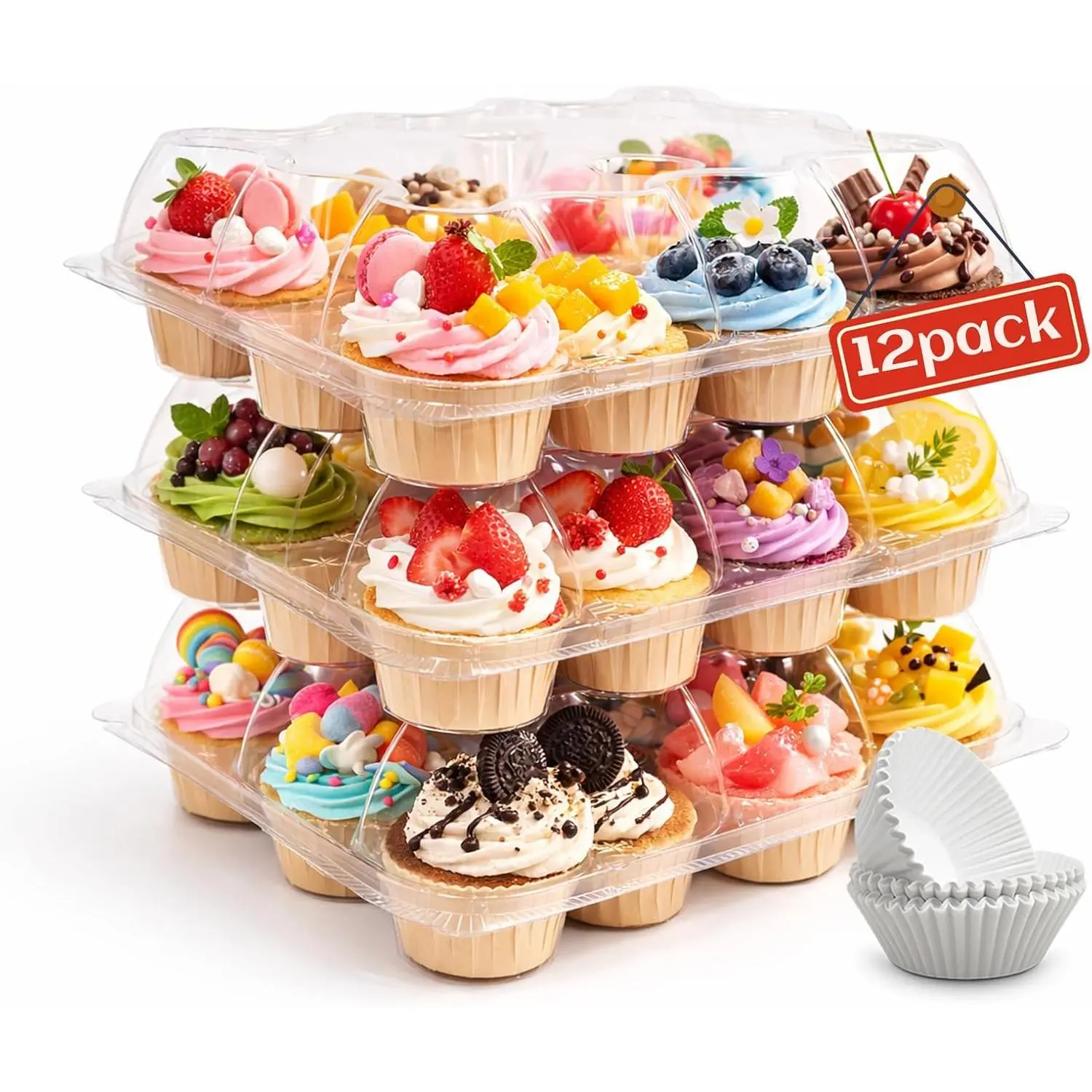 Plastic Cupcake Containers with Liners, 12 Count x 6 Sets | Clear Cupcake Holder with , Disposable Cupcake Carrier for Bakery, Storage Box for Parties, Bake  Packaging