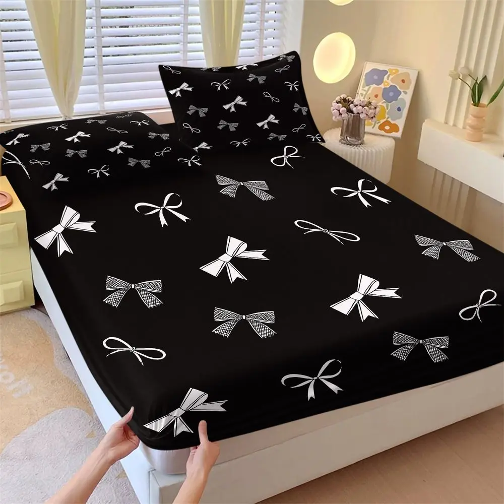 Coquette Aesthetic Bow Print Bedding Set (1 Fitted Sheet + 2 Pillowcases) Soft Breathable Bed Sheets Set for Girls Bedroom Dorm Decor All Season Gift