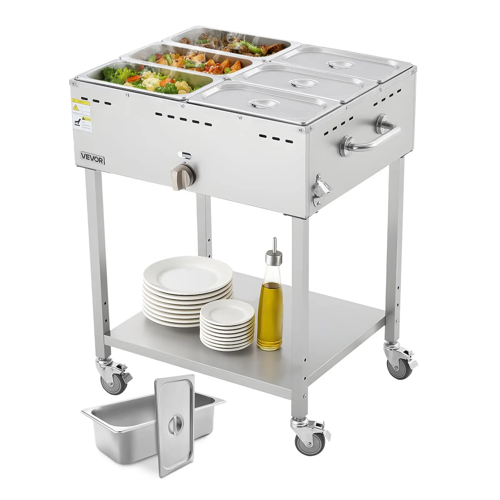 VEVOR Commercial Propane Steam Table with 6x1/3 Food Pans, LP Gas Outdoor Soup Warmer, 3" Wheels, Drain Valve, Stainless Steel Body, Adjustable Temperature for Restaurants, Camping
