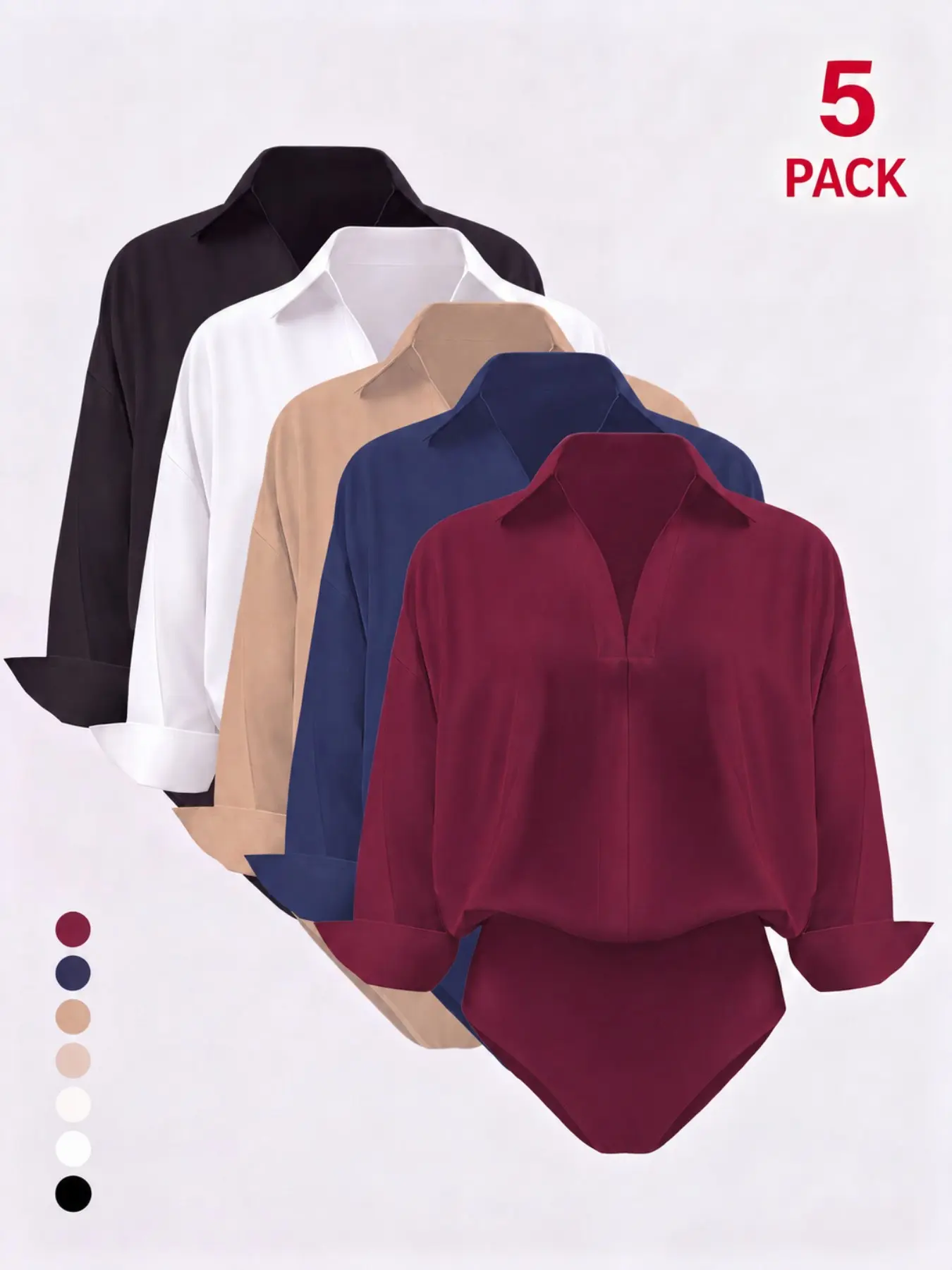 Fall Workplace Essential 5 Pack Lapel V Neck Bodysuit, Slim Waist Effect, Breathable Slimming Top, Classic Neutral Color