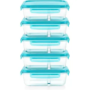 Pyrex Glass MealBox (5-Pack, 4 Cup) Divided Compartments with Locking Lids, For Meal Prepping and Portioning, BPA Free Microwave Dishwasher Safe