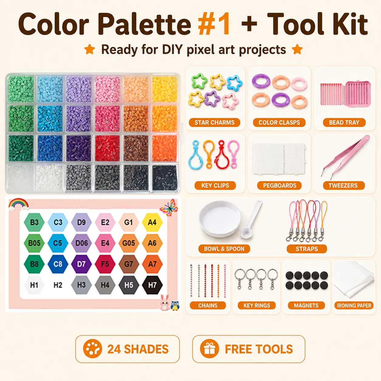 PomCraft Palette #1 Mini Fuse Beads Refill Tray, 2.6mm Pixel Art Beads with Tool Kit for DIY Patterns, Icons, Charms, and Hobby  Designs