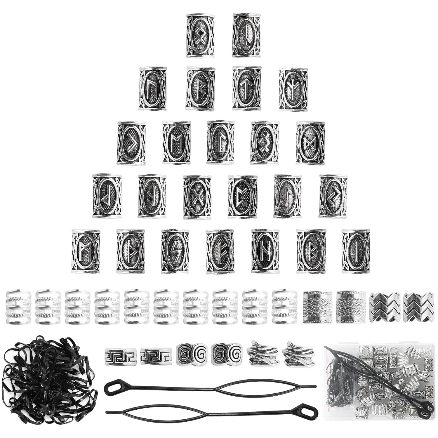 76 count Vikings Hair  Norse Runes Tube Beads, Metal Clips Cuffs Rings, Accessories for Braids Dreadlocks Beads for Braiding Beard Decoration Bracelets Pendant Necklace DIY