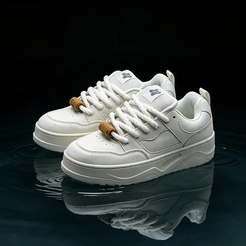 Unisex Cream White Canvas Chunky Bread Skate Sneakers Oversized Thick Twisted White Rope Laces Natural Cork Lock Ornament Minimal Neutral Platform Shoes Soft Aesthetic Casual Footwear for Daily Commute Coffee Shop City Strolls