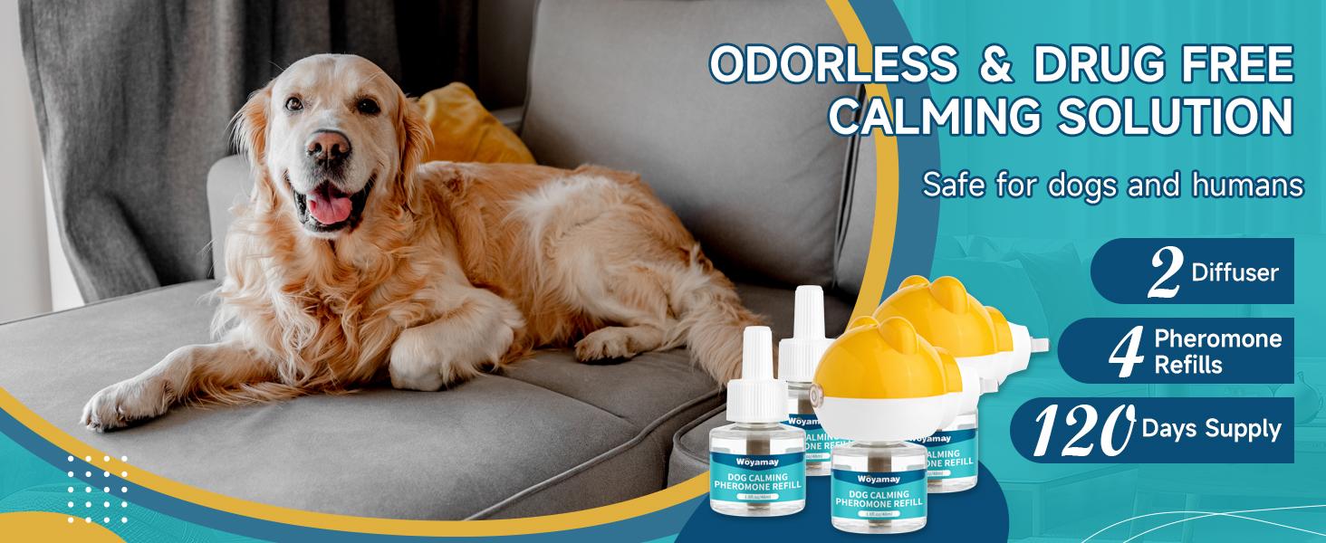 Dog Calming Diffuser - Dog Pheromones Calming Diffuser for Dog Anxiety Relief 6-in-1 Dog Pheromone Diffuser Kit with 2 Diffuser + 4 Refill 48ml Vial - 120 Days Pheromone Diffuser to Calm Dogs