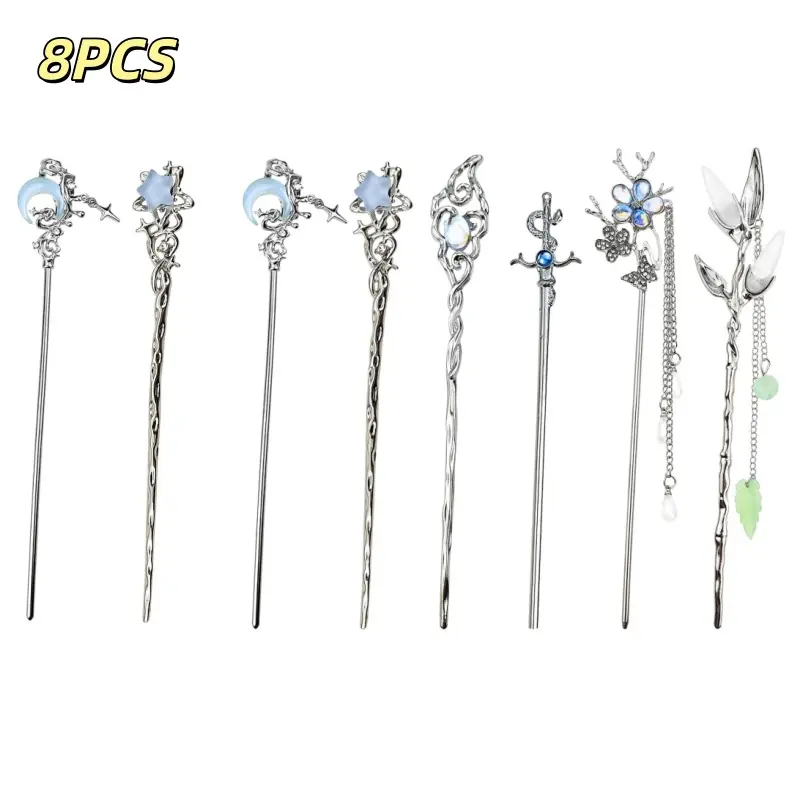 Women's 8-Piece Silvery Metal Hairpins - Star And Moon Design, Retro Hanfu Style Hair Accessories for Long Hair Braiding, Ideal for Securing Classical Asian Hairstyles, Easy Elegant Fix for Hanfu Wear