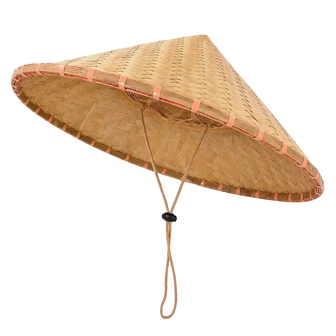 Spsky Handmade Natural Bamboo Conical Rice Hat, Adjustable Breathable Asian Farmer Straw Sun Hat for Gardening Outdoor, Samurai Halloween Cosplay Costume Hat for Men Women